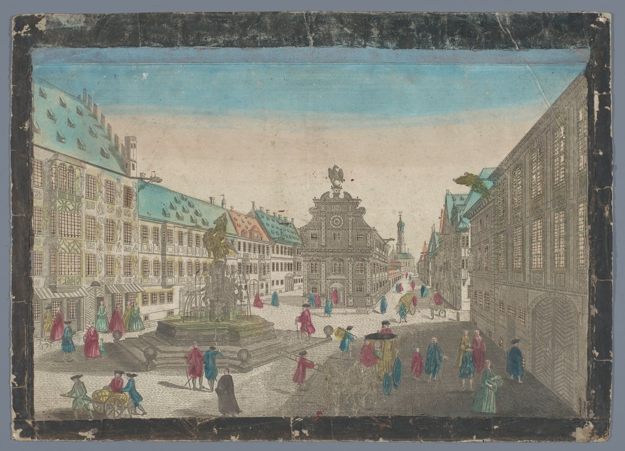 Gezicht op de wijnmarkt te Augsburg Perspektywa rynku wina w górę Saltz Stadel w kierunku S. Ulrich do Augspurg (tytuł na obiekcie) autorstwa Georg Balthasar Probst (possibly)
