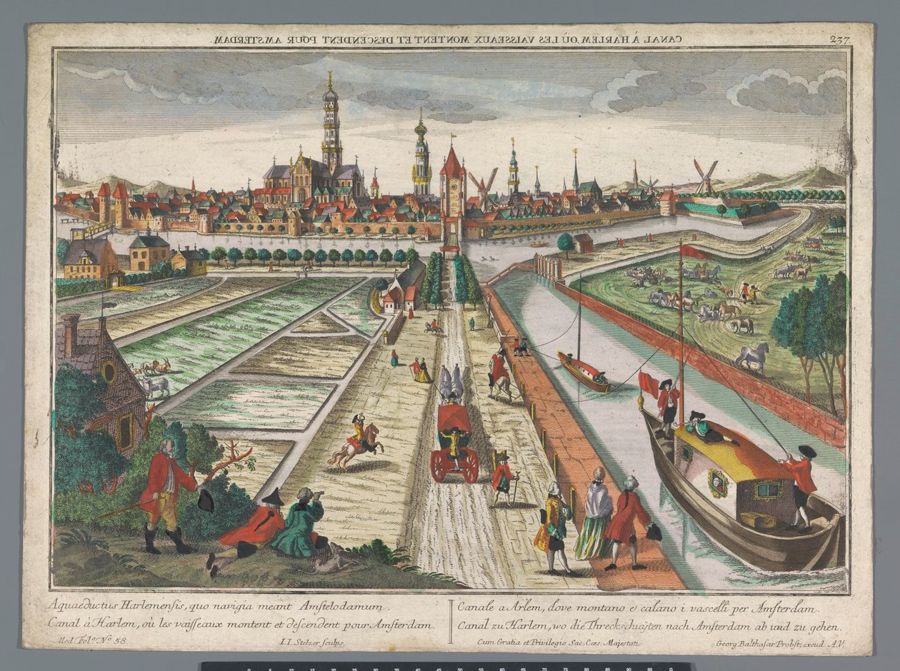 Widok na kanał amsterdamski w Haarlemie Canal zu Harlem, wed die Threckschuijten po Amsterdam ab und zu gehen (tytuł na obiekcie) Haarlem (tytuł serii) autorstwa Georg Balthasar Probst