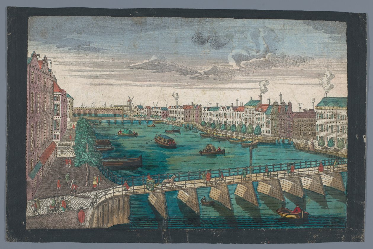 Widok na Binnen-Amstel między Blauwbrug i Hogesluis w Amsterdamie Die Amstel von innen nach der blauen Brücke gegen der Wasser Schleuße zu Amsterdam (tytuł na obiekcie) autorstwa Georg Balthasar Probst