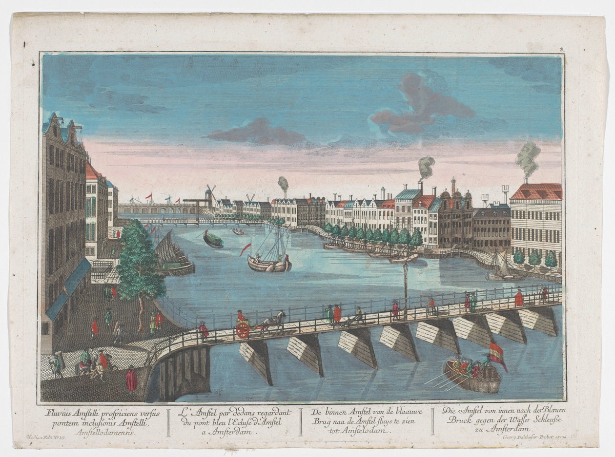 Widok na Binnen-Amstel między Blauwbrug i Hogesluis w Amsterdamie Die Amstel von innen nach der blauen Brücke gegen der Wasser Schleuße zu Amsterdam (tytuł na obiekcie) Amsterdam (tytuł serii) autorstwa Georg Balthasar Probst