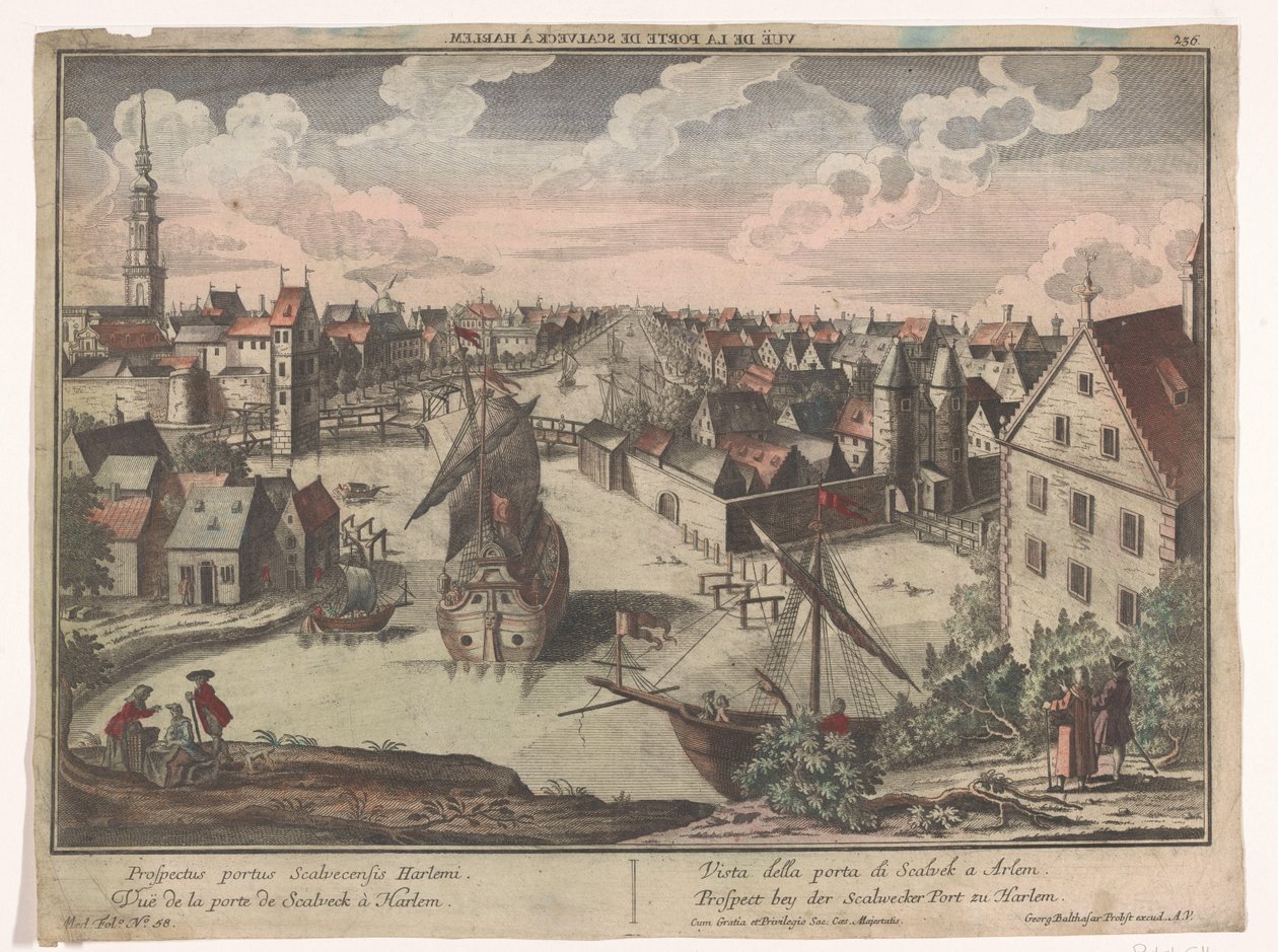 Widok na Bramę Schalkwijker w Haarlem Prospect bey der Scalwecker Port zu Harlem (tytuł na obiekcie) Haarlem (tytuł serii) autorstwa Georg Balthasar Probst