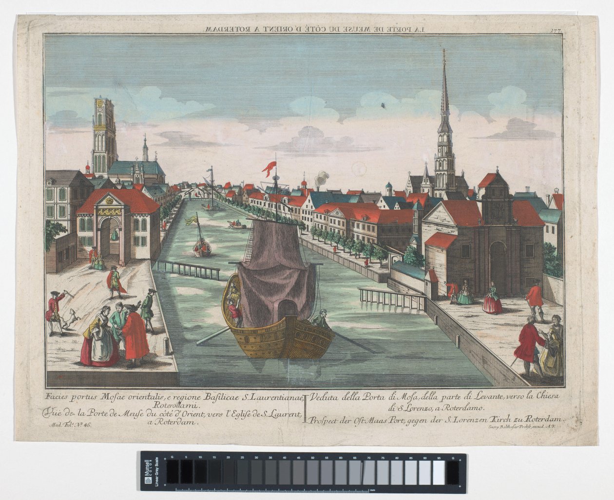 Widok na Wester Oude Hoofdpoort i Ooster Oude Hoofdpoort w Rotterdamie Prospect der Ost Maas Port, gegen der S.Lorenzen Kirch zu Roterdam (tytuł na obiekcie) Rotterdam (tytuł serii) autorstwa Georg Balthasar Probst