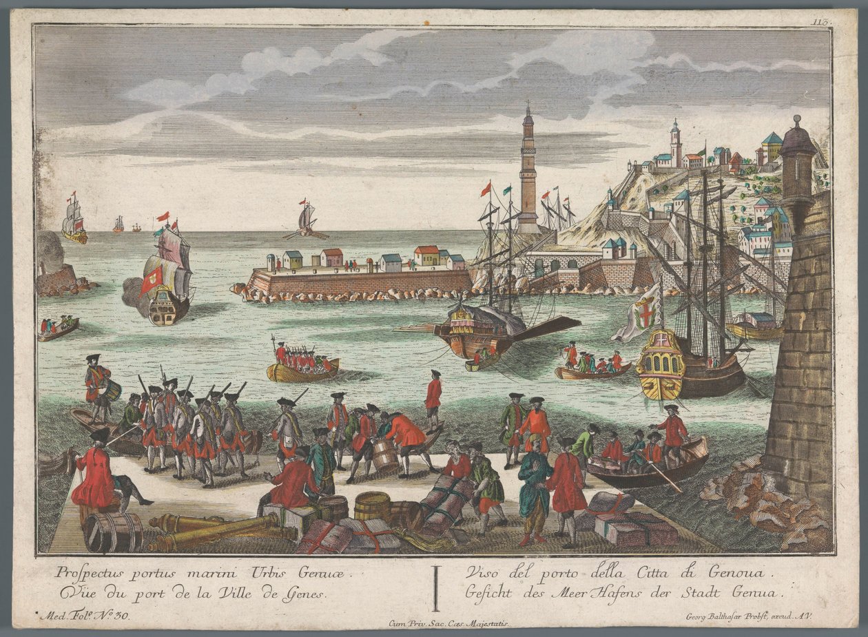 Widok na port w Genui Gesicht des Meer Hafens der Stadt Genoa (tytuł obiektu) Widoki na port (tytuł serii) autorstwa Georg Balthasar Probst