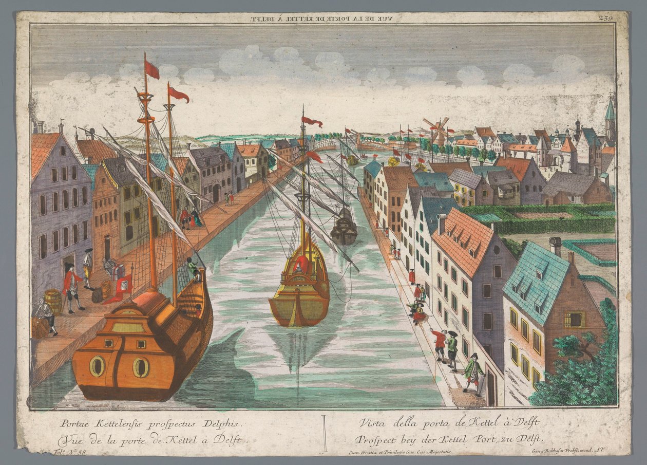 Widok na kanał w pobliżu Ketelpoort w Delft Prospect bey der Kettel Port, zu Delft (tytuł na obiekcie) Delft (tytuł serii) autorstwa Georg Balthasar Probst