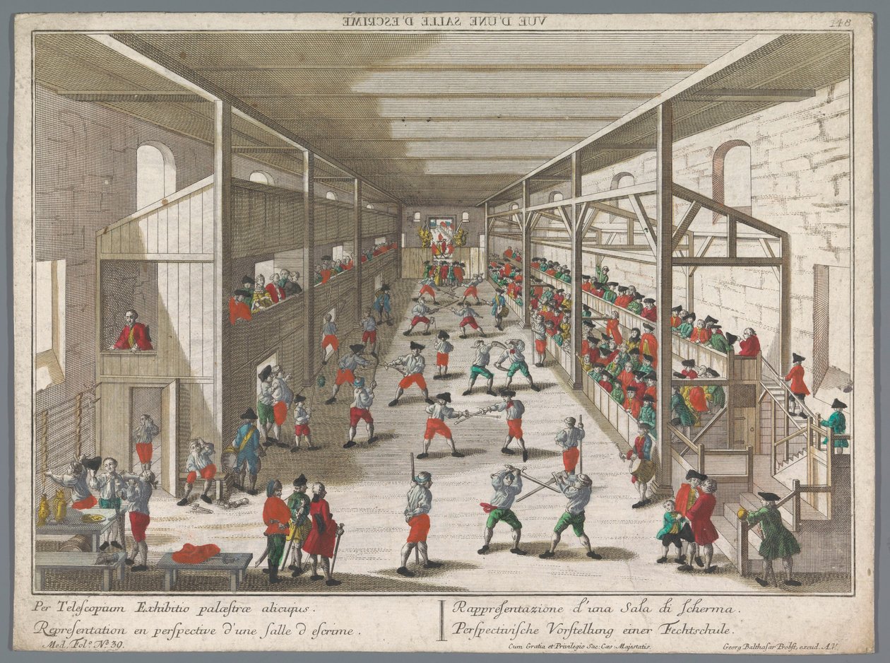 Widok na szkołę szermierki Perspectivische Vorstellung einer Fechtschule (tytuł na obiekcie) Szkoły turniejowe i szermiercze (tytuł serii) autorstwa Georg Balthasar Probst