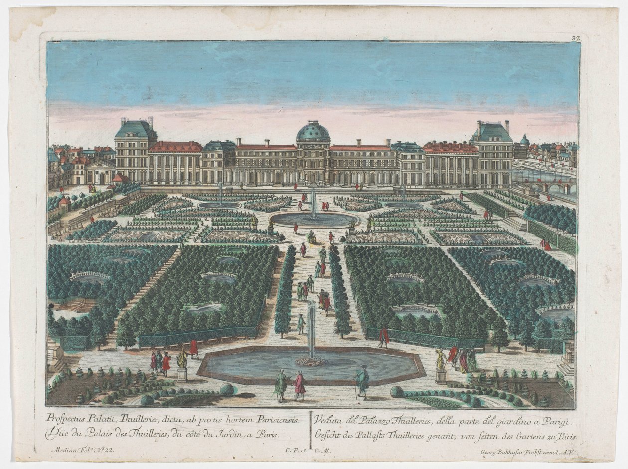 Widok na Palais des Tuileries w Paryżu widziany z Jardin des Tuileries Gesicht des Pallasts Thuilleries genannt, von seiten des Gartens zu Paris (tytuł na obiekcie) Paryż (tytuł serii) autorstwa Georg Balthasar Probst