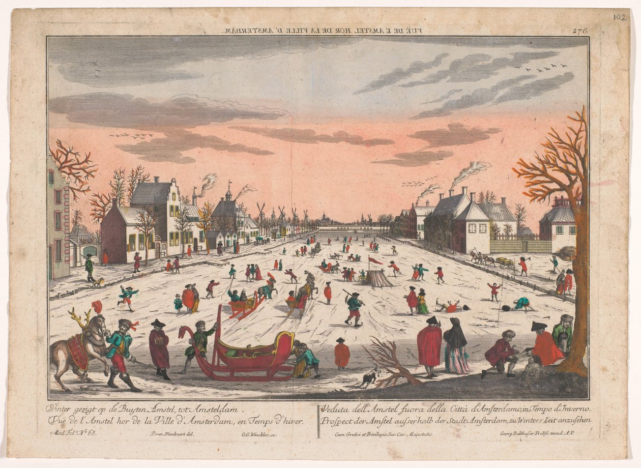Zimowy portret w Buiten-Amstel w Amsterdamie Perspektywa Amstela poza Amsterdamem, do zobaczenia zimą (tytuł na obiekcie) Amsterdam (tytuł serii) autorstwa Georg Balthasar Probst