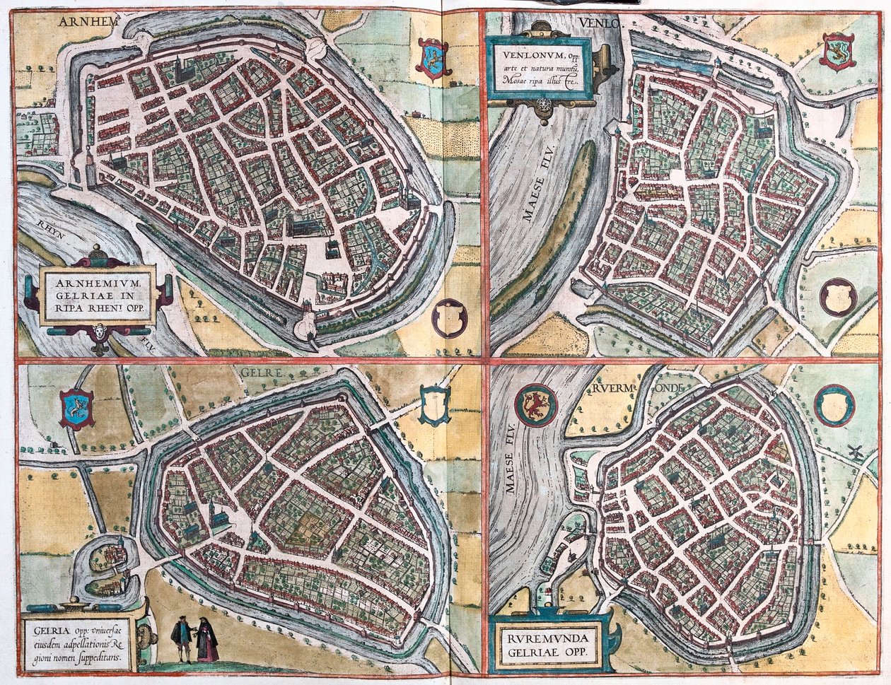 Arnhem, Geltre, Venlo, Roermond - Holandia - w "Civitates Orbis Terrarum" Georga Brauna, Kolonia 1617 r. autorstwa Georg Braun