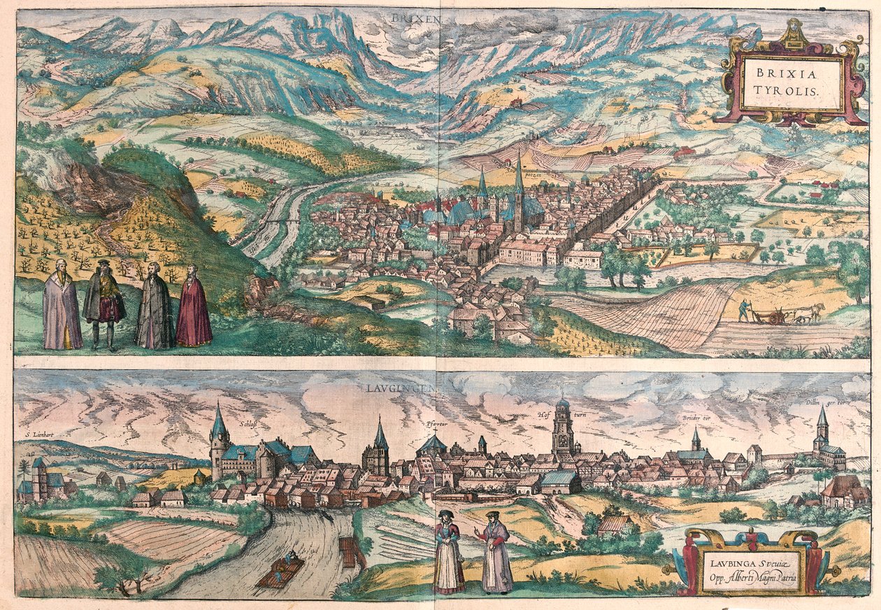 Bressanone, Włochy - Lauingen, Donau, Niemcy - w "Civitates Orbis Terrarum" Georga Brauna, Kolonia 1617 r. autorstwa Georg Braun
