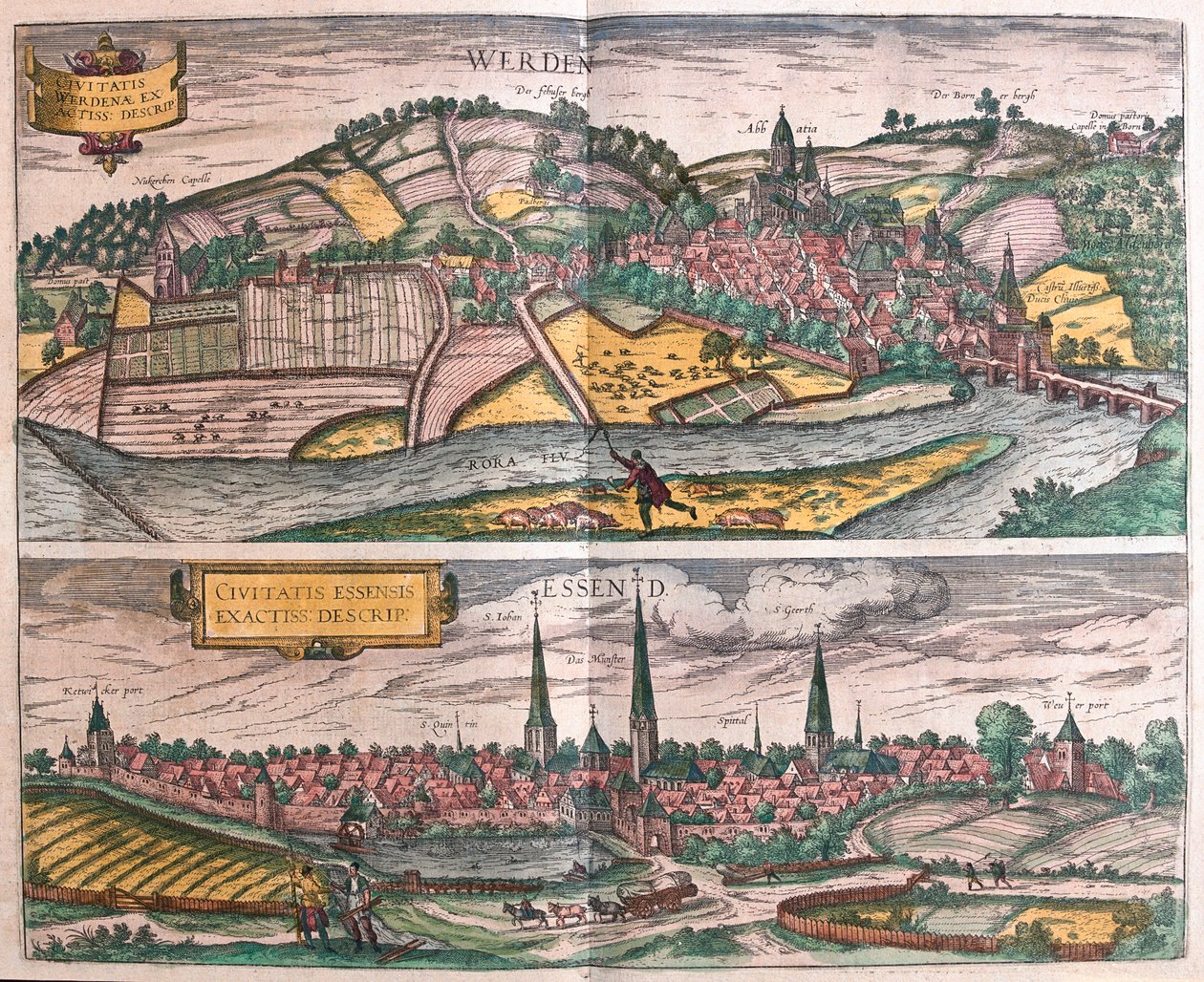 Essen i Werden, Niemcy - w "Civitates Orbis Terrarum" Georga Brauna, Kolonia 1617 r. autorstwa Georg Braun
