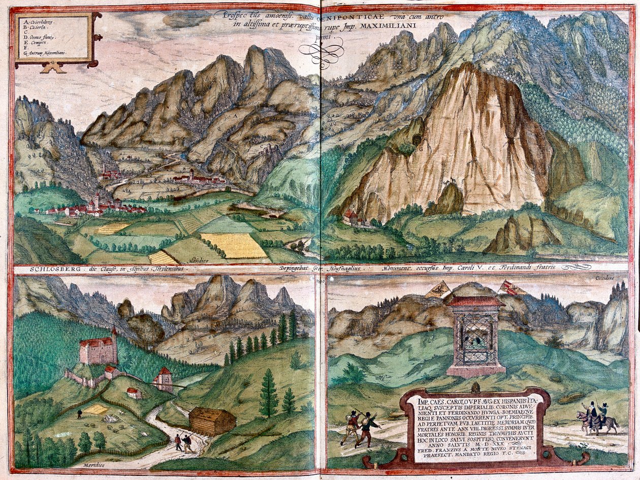 Dolina Inn - Schlosberg - Jaskinia cesarza Maksymiliana I - Austria - w "Civitates Orbis Terrarum" Georga Brauna, Kolonia 1617 r. autorstwa Georg Braun