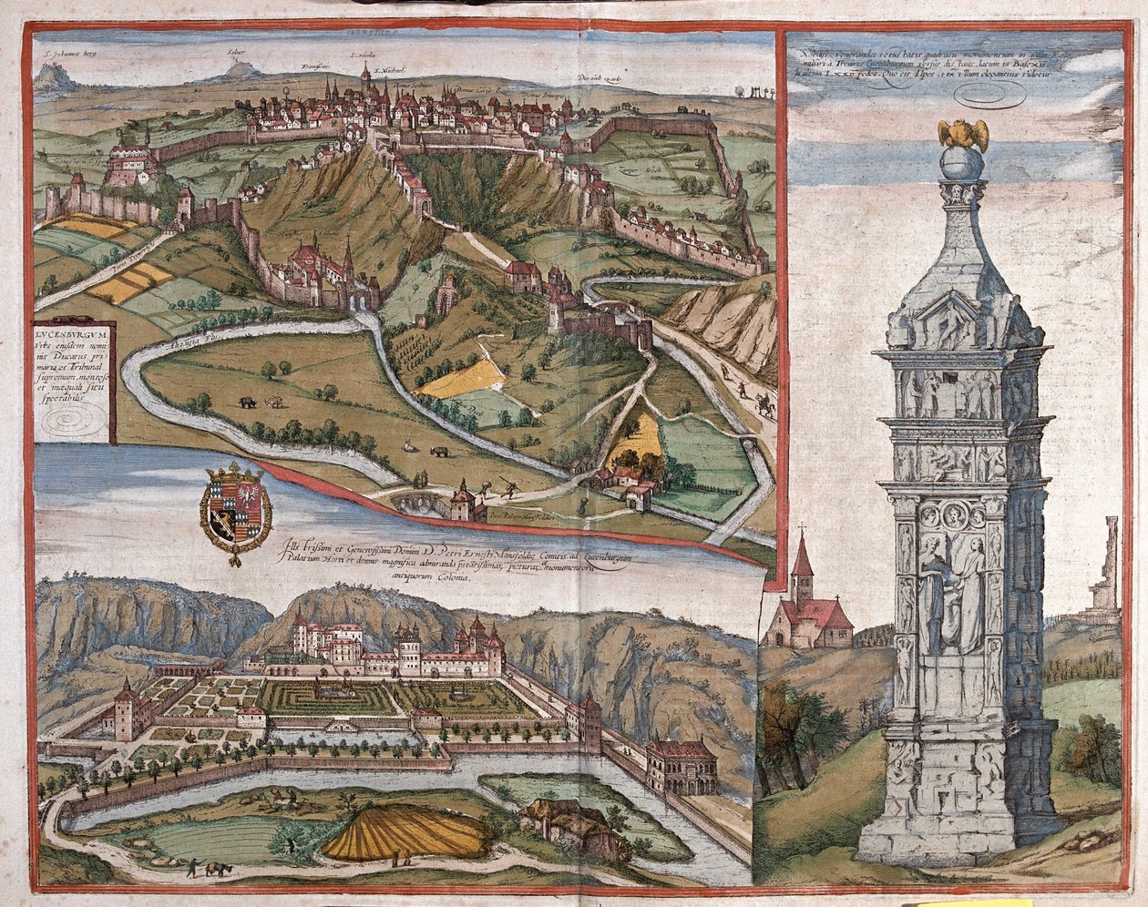 Luksemburg, pomnik Igela i pałac Mansfeld Ardeny, Niderlandy - w "Civitates Orbis Terrarum" Georga Brauna, Kolonia 1617 r. autorstwa Georg Braun