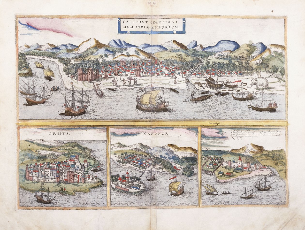 Widok na Kalkutę w Indiach i pod mniejszymi widokami Ormuz przy wejściu do Zatoki Perskiej, Canonor w Indiach i portugalską fortecę El Mina w Afryce Zachodniej, 1572 autorstwa Georg Braun