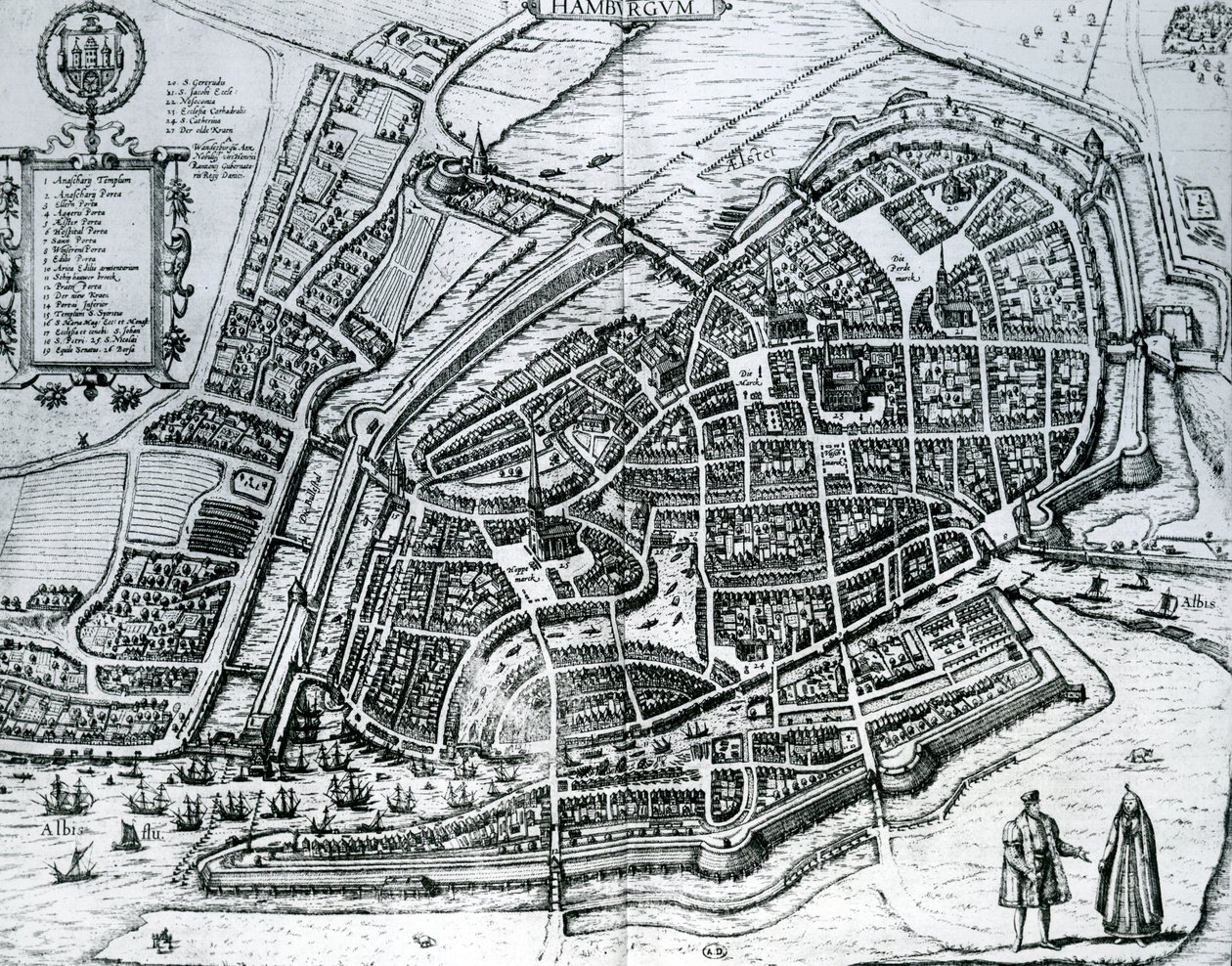 Mapa Hamburga z „Cities of the World” autorstwa Georg Braun und Franz Hogenberg
