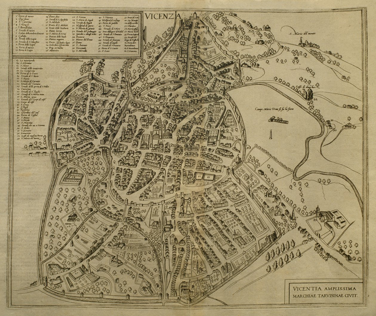 Mapa Vicenzy, ilustracja z „Cities of the World”, ok. 1580 autorstwa Georg Braun und Franz Hogenberg