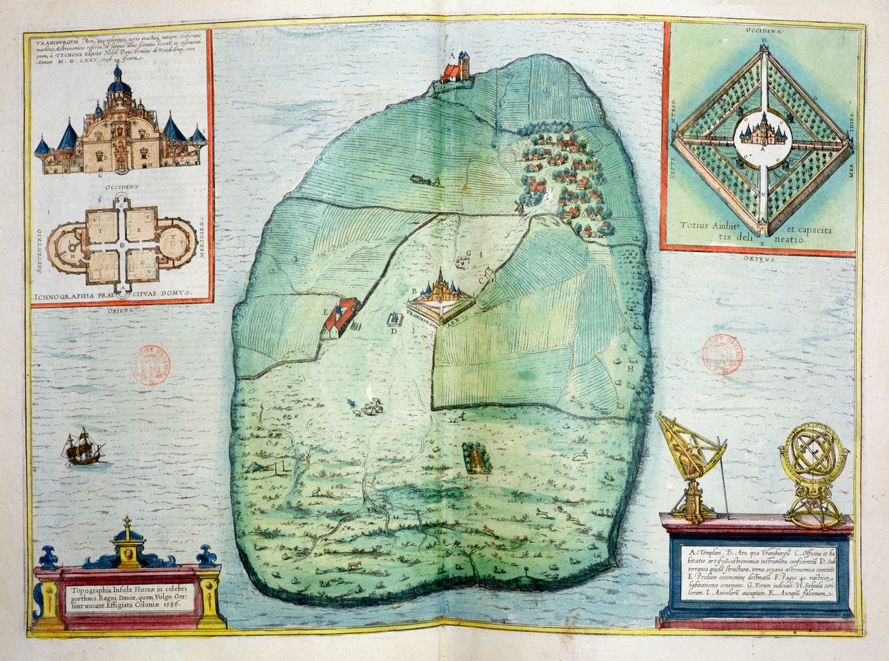 Zamek i Obserwatorium Uraniborg na wyspie Hven w Danii, zbudowane ok. 1584 r. przez Tycho Brahe (1546-1601), z Urbium Praecipuarum Mundi Theatrum Quintum, wydane w Kolonii, 1598 (kolor autorstwa Georg Braun und Franz Hogenberg