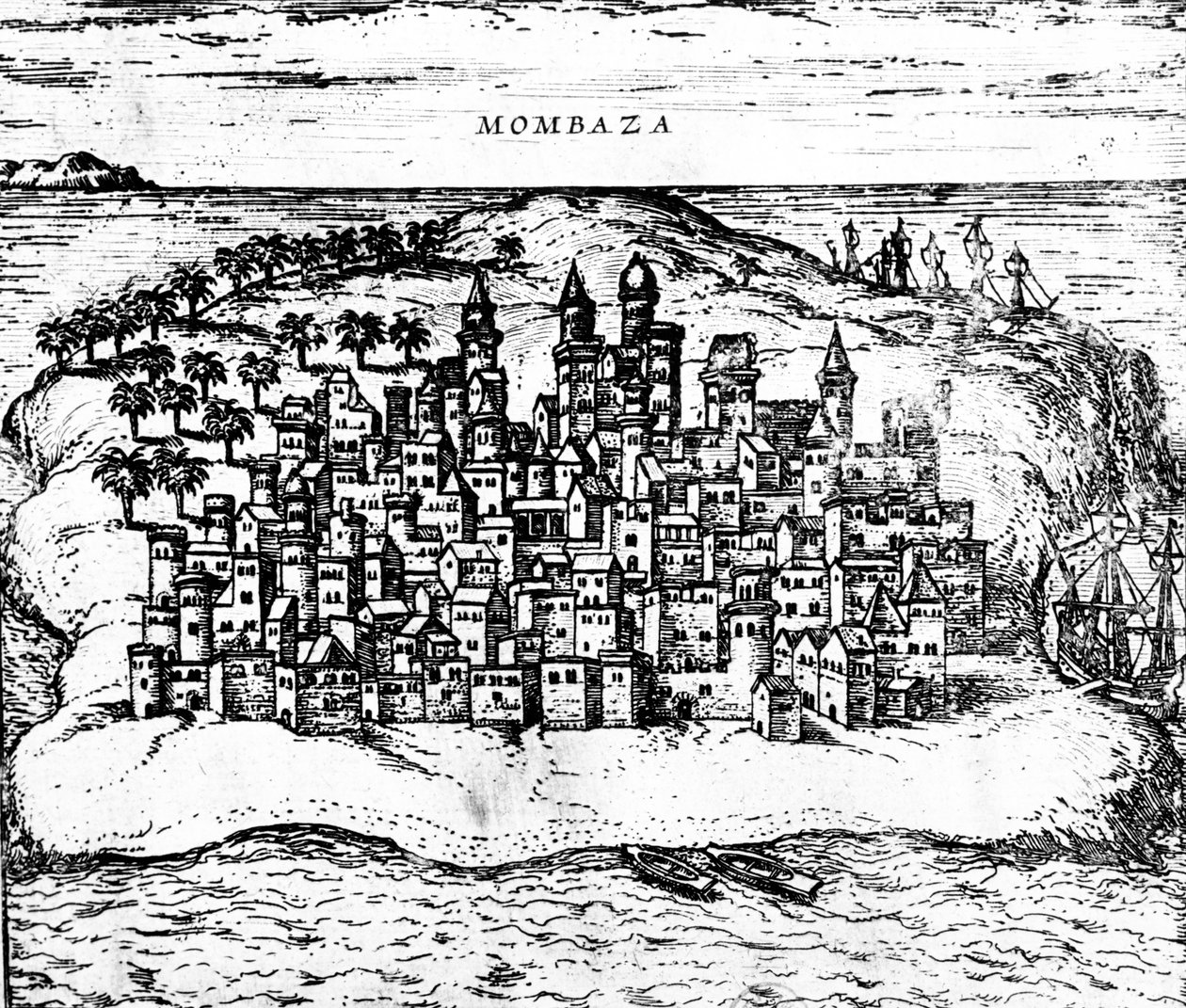 Widok Mombaza, z Georg Brauns Civitates orbis terrarum, wydany w 1572 roku, rycina nr 483404. autorstwa Georg Braun und Franz Hogenberg