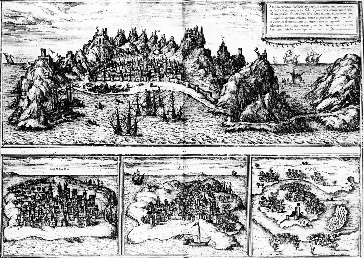 1572 онд хэвлэгдсэн Георг Брауны "Civitates orbis terrarum" зохиолоос Аден, Момбаза, Килоа, Сефала нарын үзэл бодол. autorstwa Georg Braun und Franz Hogenberg
