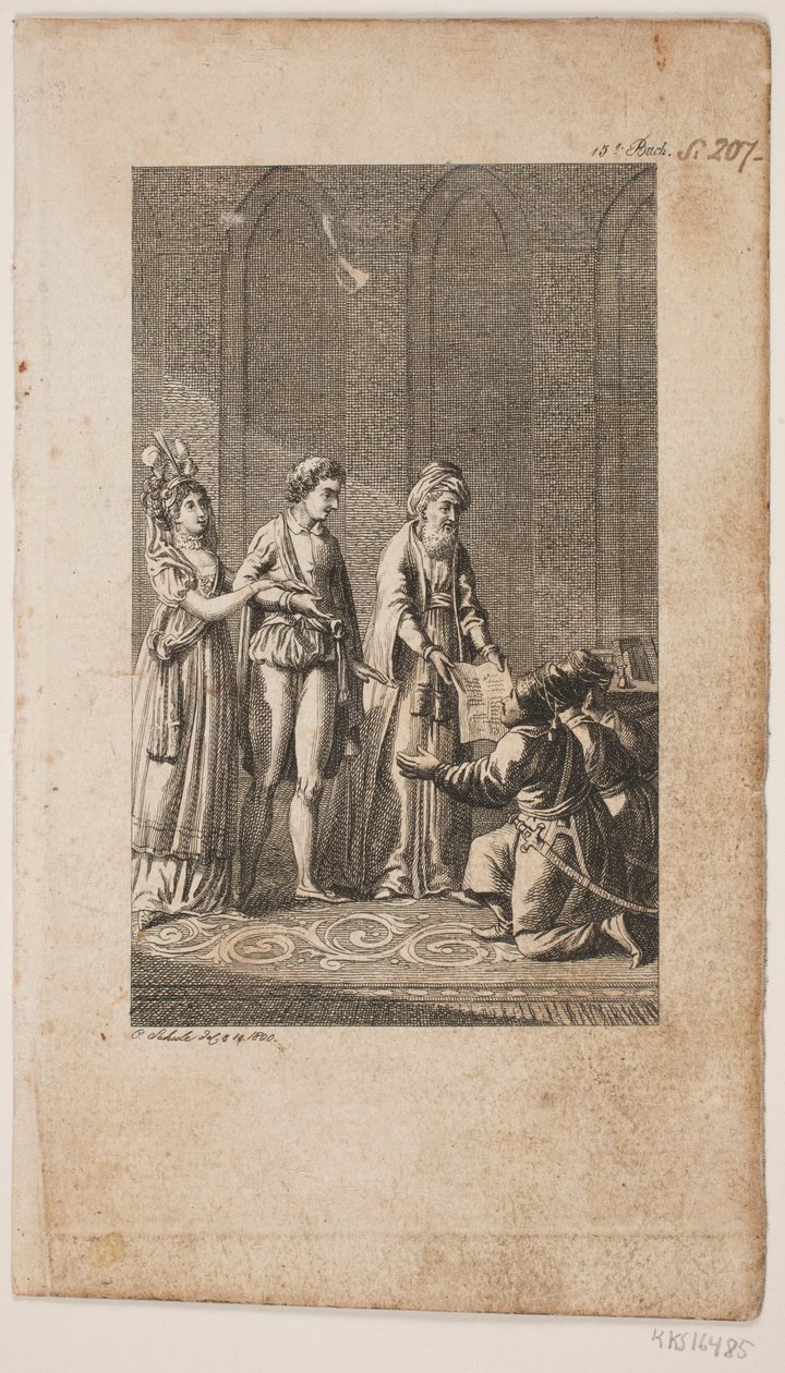Ilustracja z młodą parą z orientalnym i trzema klęczącymi tureckimi żołnierzami autorstwa Georg Christian Schule