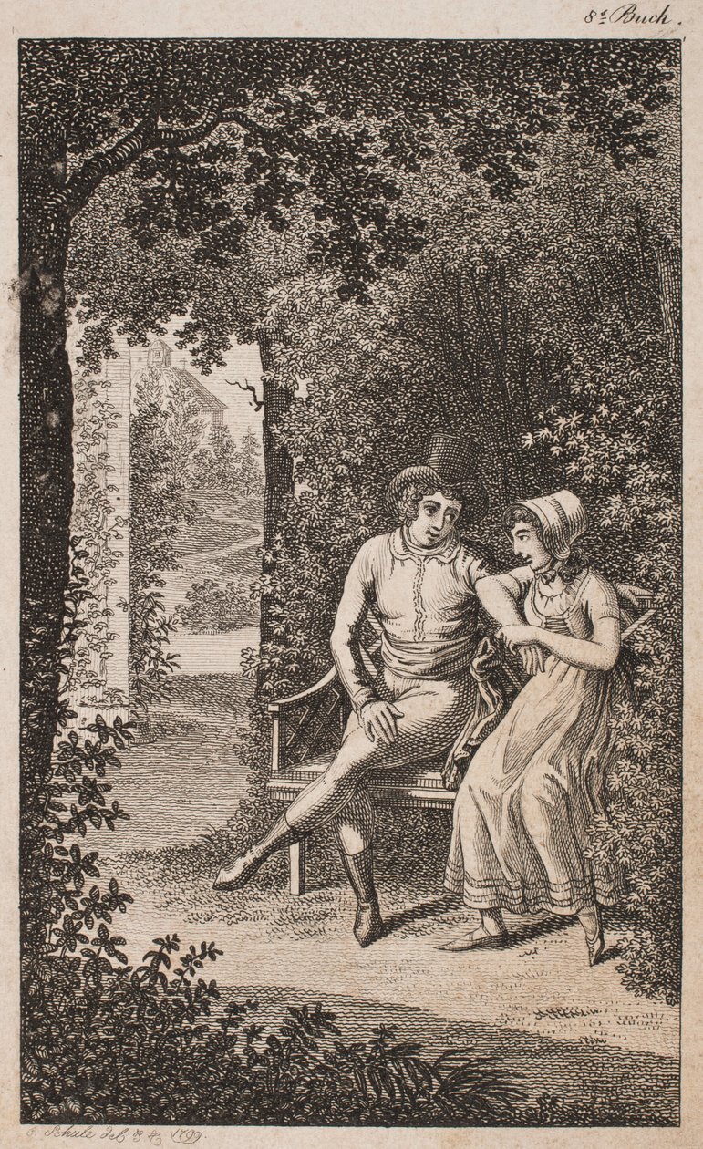 Ilustracja z parą na ławce w ogrodzie autorstwa Georg Christian Schule