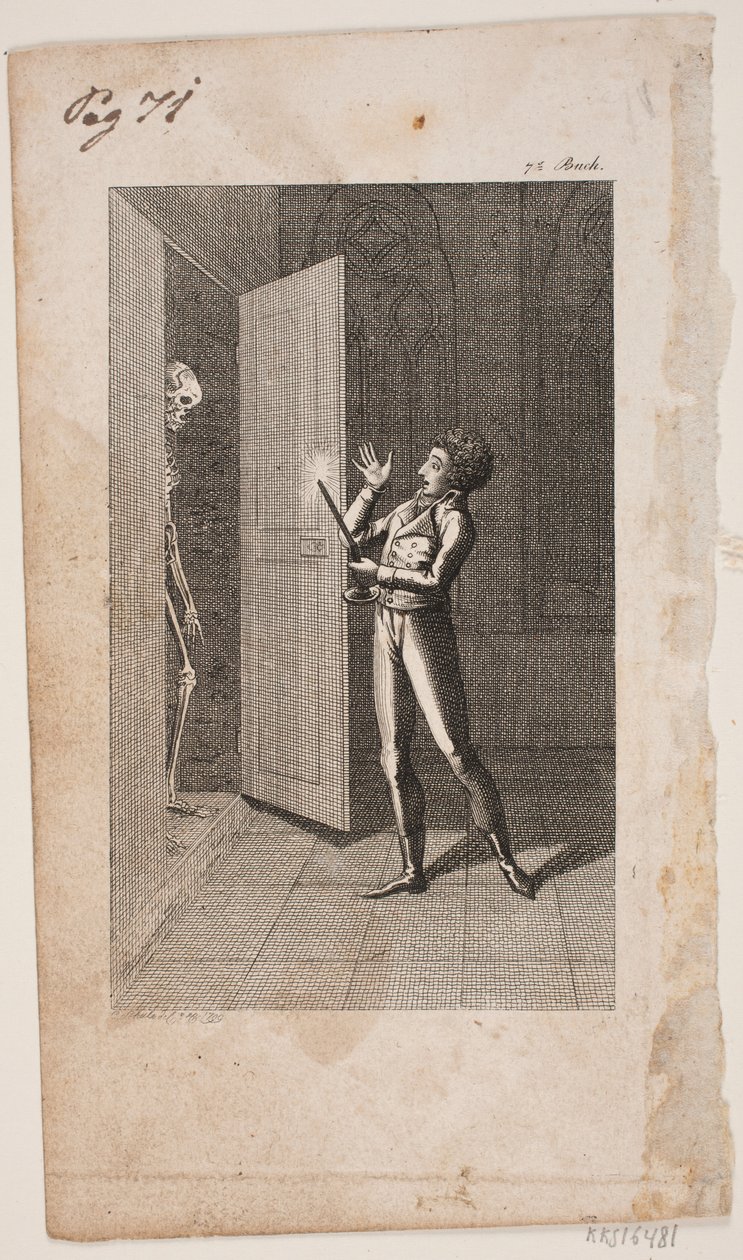 Ilustracja z młodym mężczyzną i szkieletem autorstwa Georg Christian Schule