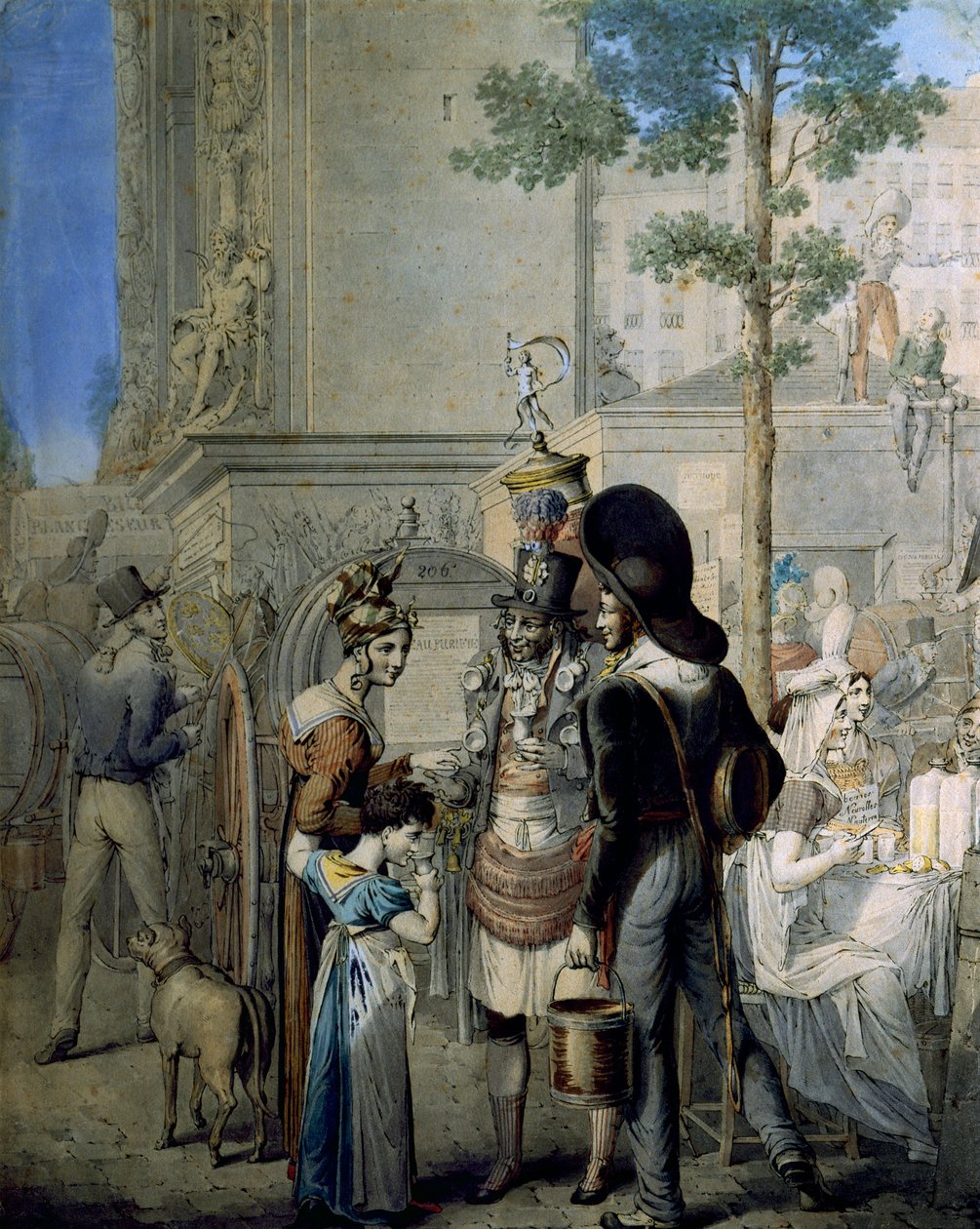 Handlarz kokosów Porte Saint Denis w Paryżu. Stary sklep sprzedający kokosowe kubki na ulicach Paryża. Rysunek Niemca George Emanuel Opitz (1775-1841), Paryż. Muzeum Karnawału autorstwa Georg Emanuel Opitz