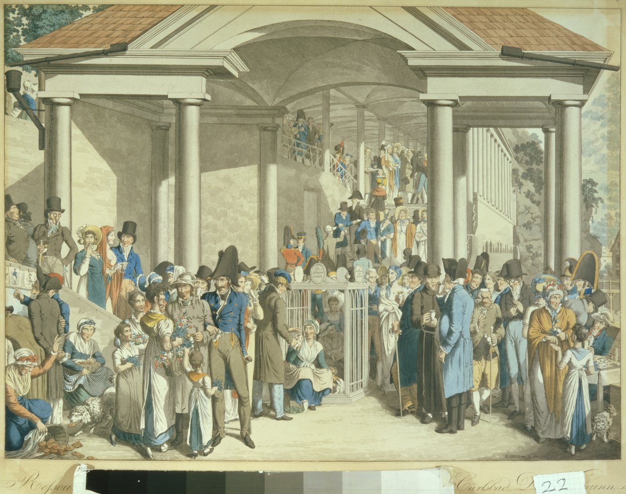 Wspólnota zdrowia przy fontannie Karlsbadera, 1810 (rysunek akwatinty) autorstwa Georg Emanuel Opitz