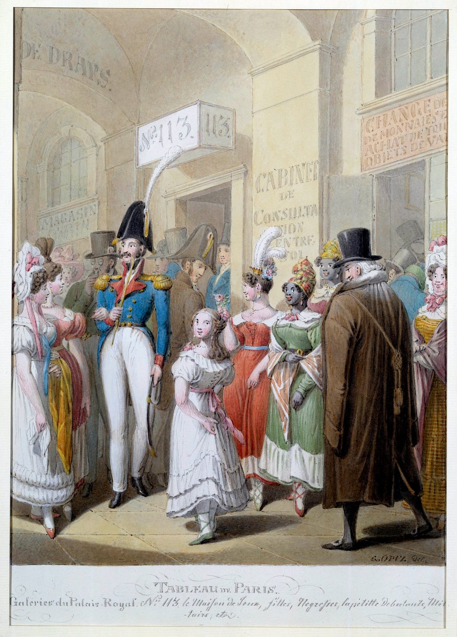 Malarstwo Paryża: galerie Palais Royal w Paryżu. Przejście mężczyzn przez zadaszony korytarz na spotkanie z prostytutkami. Ilustracja George