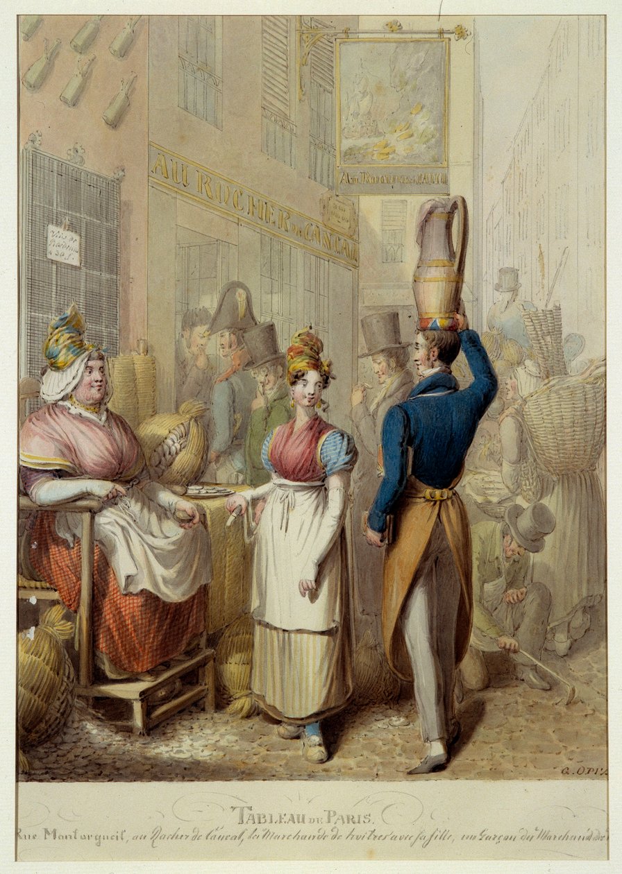 Obraz Paryża: rue de la rue Montorgueil i kawiarnia-restauracja „Le Rocher de Cancale” w Paryżu. Handlarze uliczni i przechodnie. Litografia Niemca Jerzego Emanuela Opitza (1775-1841) autorstwa Georg Emanuel Opitz
