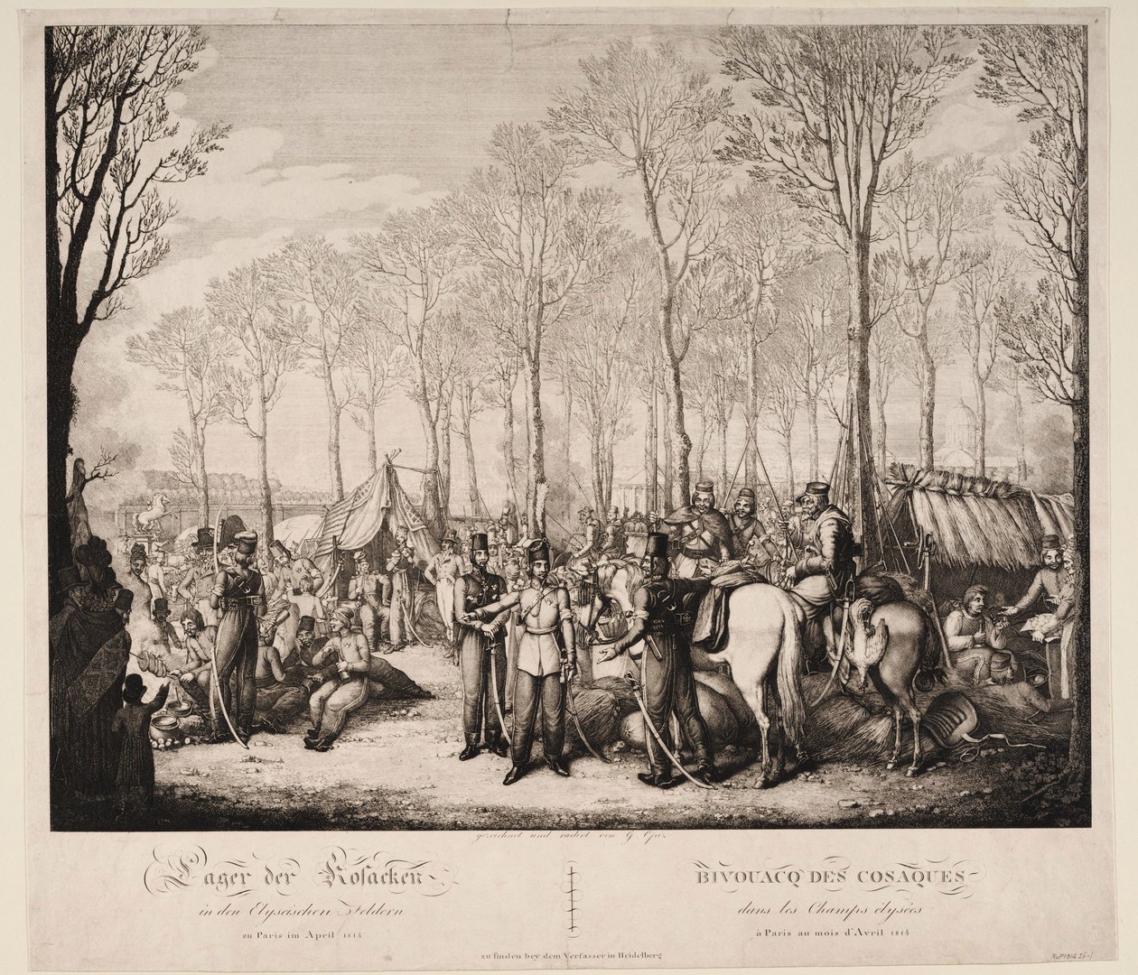 Biwak Kozaków na Avenue des Champs-Elysées w Paryżu w kwietniu 1814, 1814 autorstwa Georg Emanuel Opiz