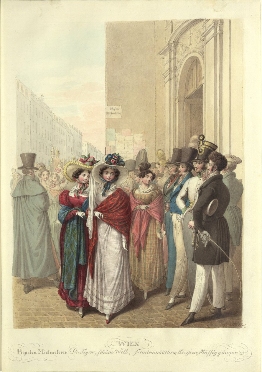 Przed kościołem św. Michała: błogosławieństwo, piękny świat, lekkie dziewczyny..., ok. godz. 1830. autorstwa Georg Emanuel Opiz