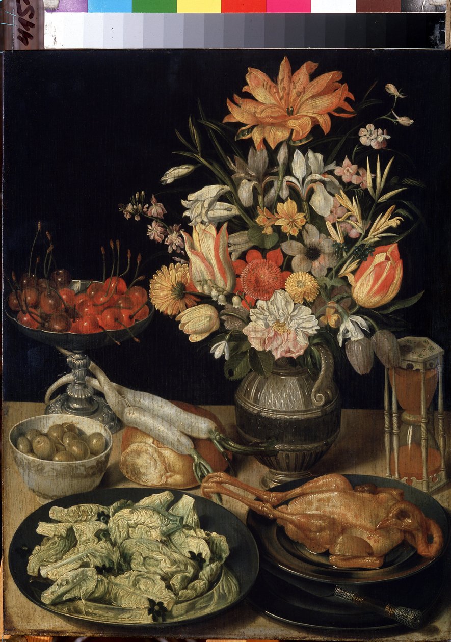 "Martwa natura z kwiatami, kurczakiem, klepsydrą, oliwkami, wiśniami i kapustą" (Martwa natura z kwiatami i przekąską) Obraz Georg Flegel (1566-1638) 1630-1635 Wymiary 52,5x41 cm Ermitaż, Sankt Petersburg autorstwa Georg Flegel