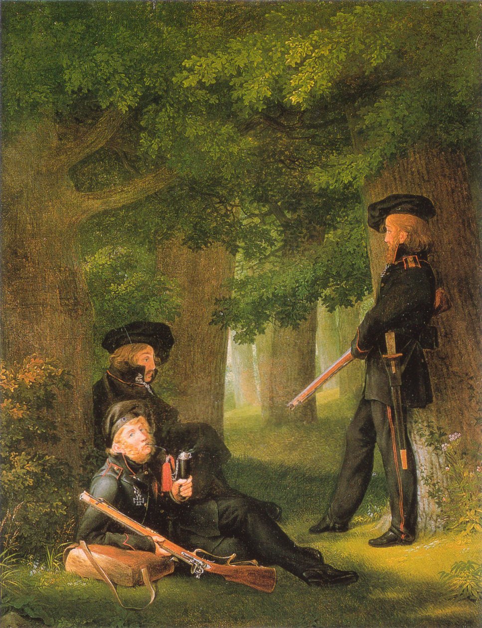 Niemcy: Theodor Körner, Friedrich Friesen i Heinrich Hartmann na służbie w placówce autorstwa Georg Friedrich Kersting