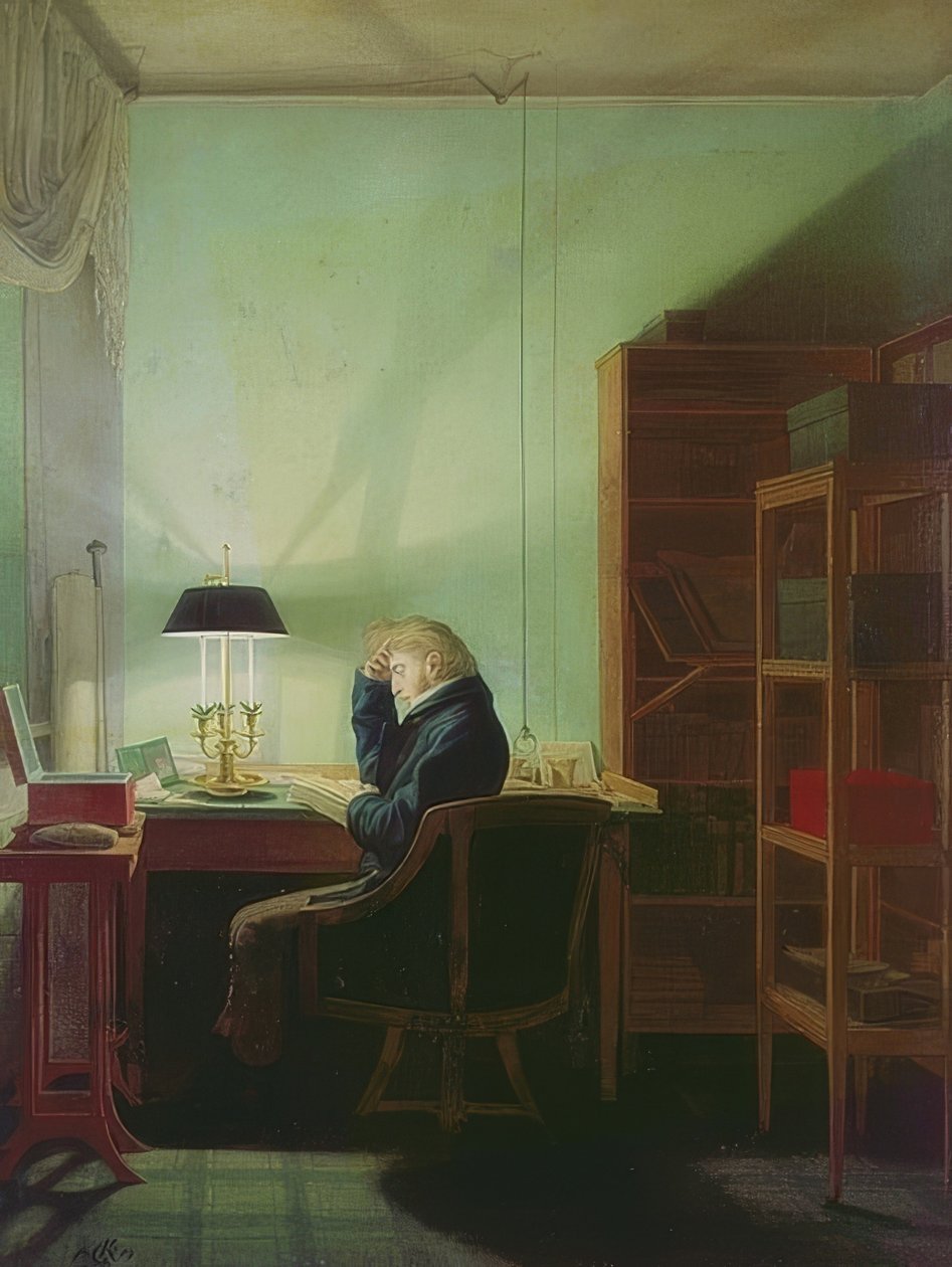 Czytelnik przy świetle lampy. 1814 autorstwa Georg Friedrich Kersting