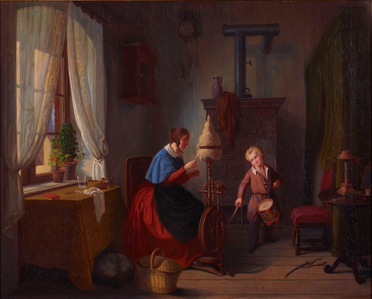 Kobieta przy kołowrotku i bębniarz z szablą autorstwa Georg Friedrich Kersting