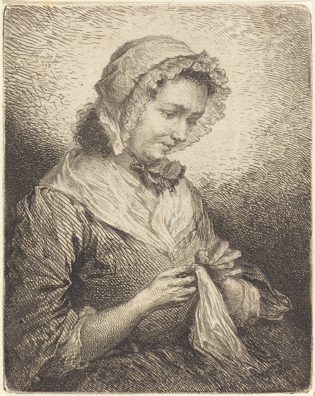Szycie żony artysty autorstwa Georg Friedrich Schmidt