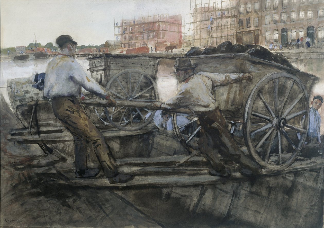 Robotnicy ciągnący wózek z ciężkim ładunkiem na Jacob van Lennepkade, Amsterdam, 1900 autorstwa George Hendrik Breitner
