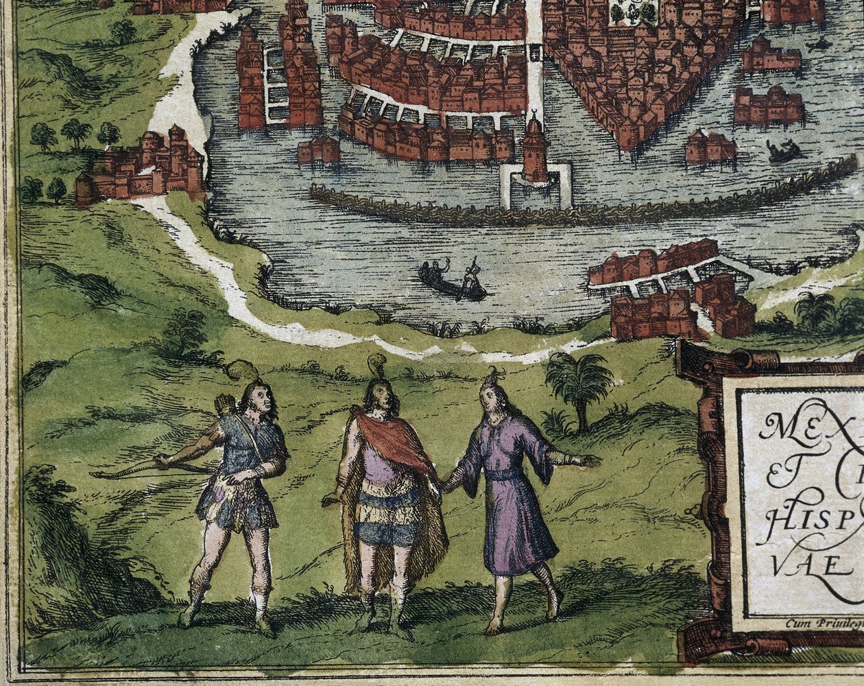 BRAUN, George (1541-1622). ORTELIUS, Abraham (1527-1598). HOGENBERG, Franz (1535-1590). Civitatis Orbis Terrarum (Theatrum orbis terrarum). 1572-1617. Miasto Meksyk (1576). Szczegół z Aztekami. Akwaforta. HISZPANIA. KASTYLIA I LEON. Salamanka. Uniwersytet  autorstwa Georg Hogenberg Franz (1535 90) & Ortelius Abraham (1527 98) Braun