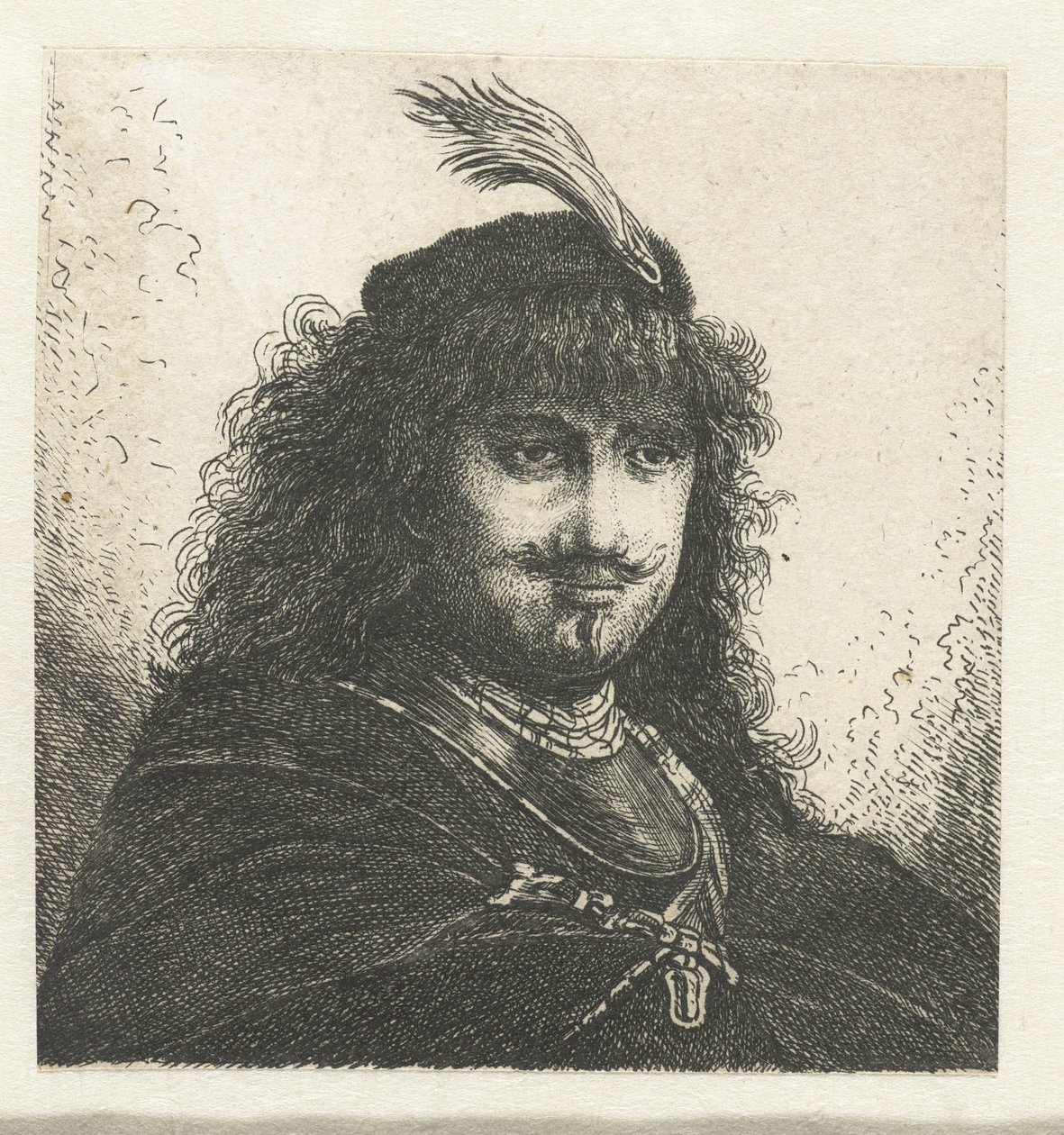 Autoportret (?) z czapką z pióropuszem i obniżoną szablą autorstwa Georg Leopold Hertel