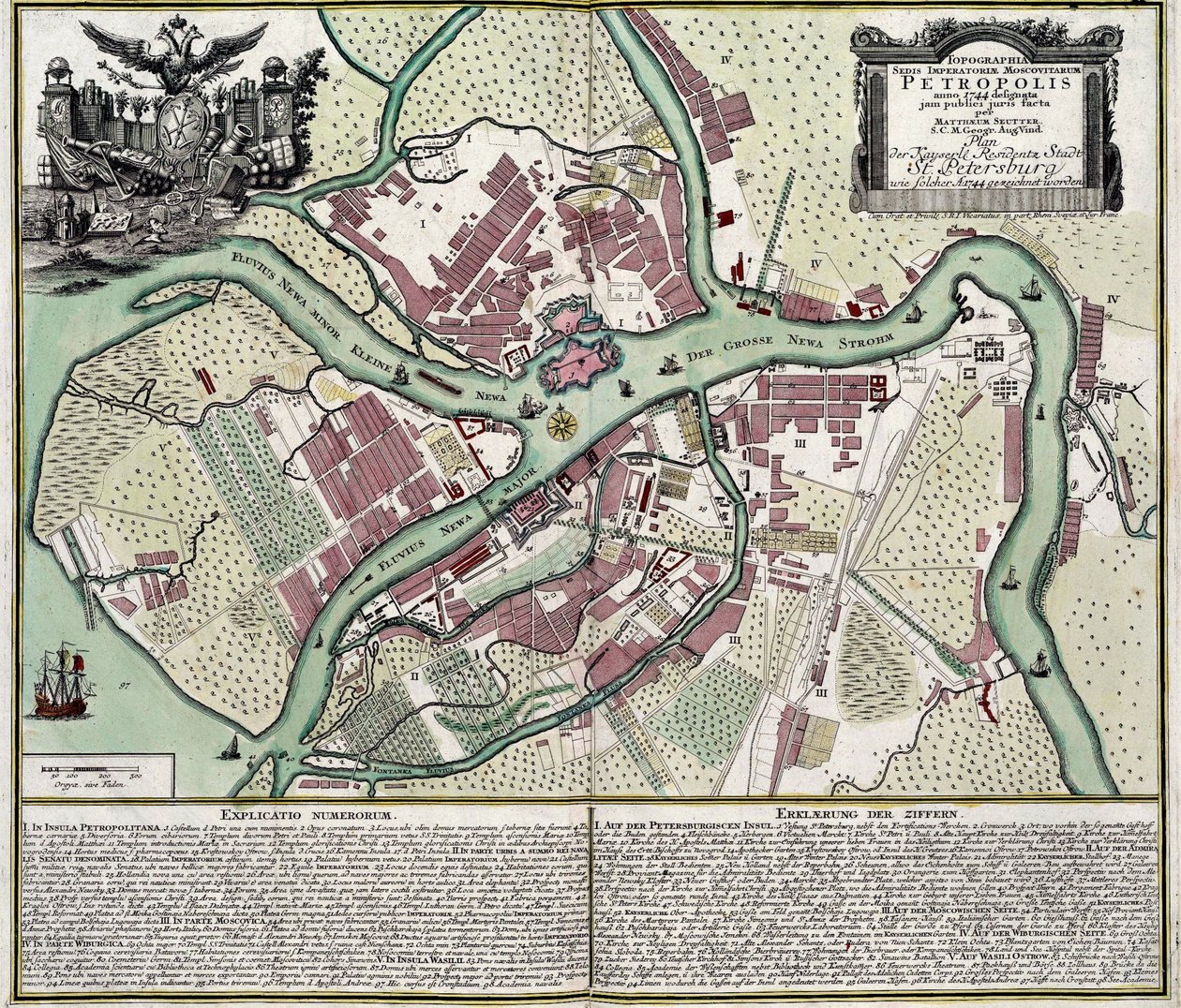 Mapa Sankt Petersburga (Rosja) - Dzieło Matthaeusa Seuttera (1678-1757), rycina i akwarela autorstwa Georg Matthäus Seutter