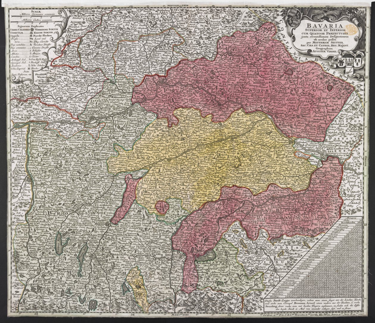 Mapa Bawarii, ok. 1757 (kolorowy grawerunek) autorstwa Georg Matthäus Seutter