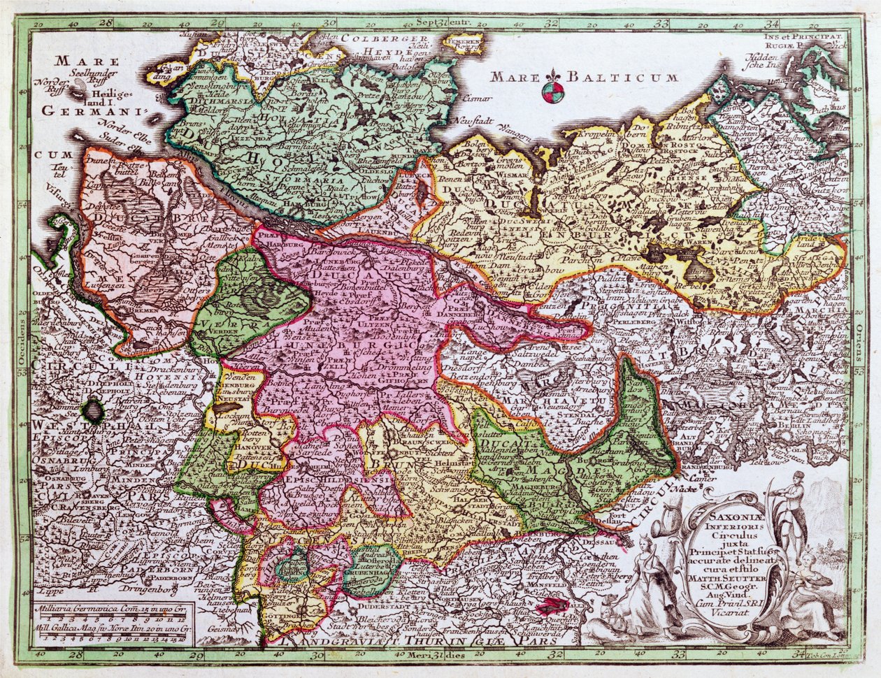 Mapa północnych Niemiec z Atlasu autorstwa Georg Matthäus Seutter
