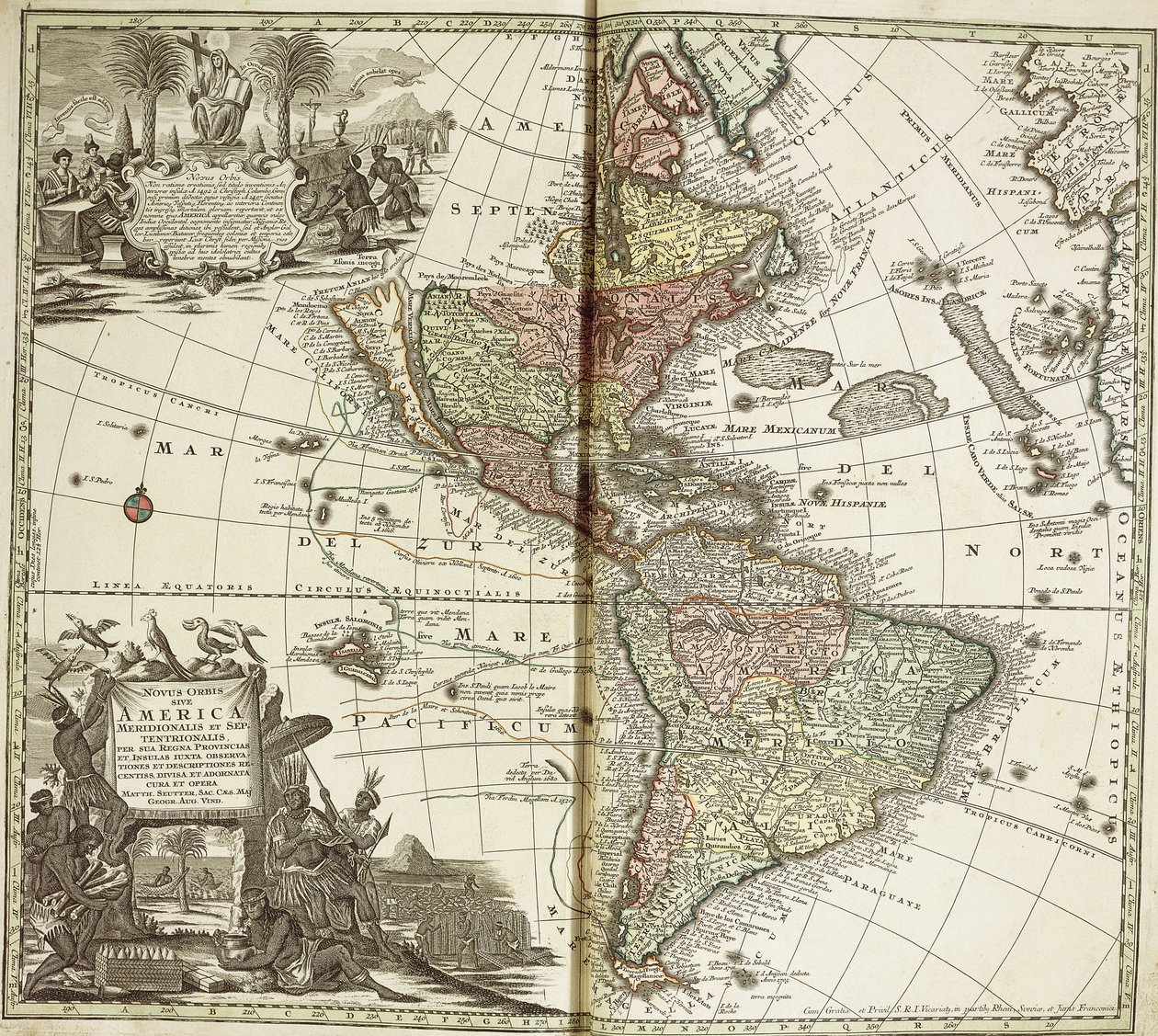 Mapa Ameryk, 1744 autorstwa Georg Matthäus Seutter
