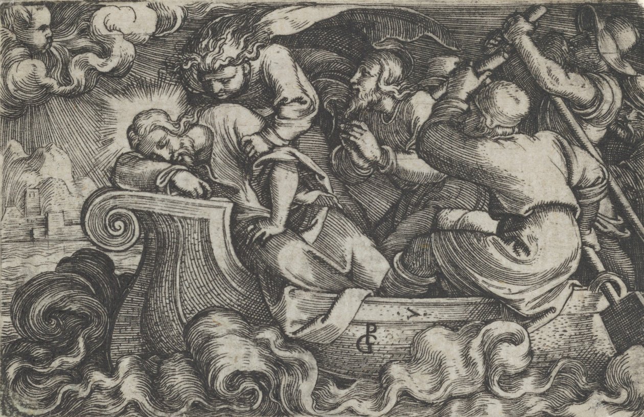 Chrystus śpiący podczas burzy nad Jeziorem Tyberiadzkim, z Historii Chrystusa, 1534-35. autorstwa Georg Pencz