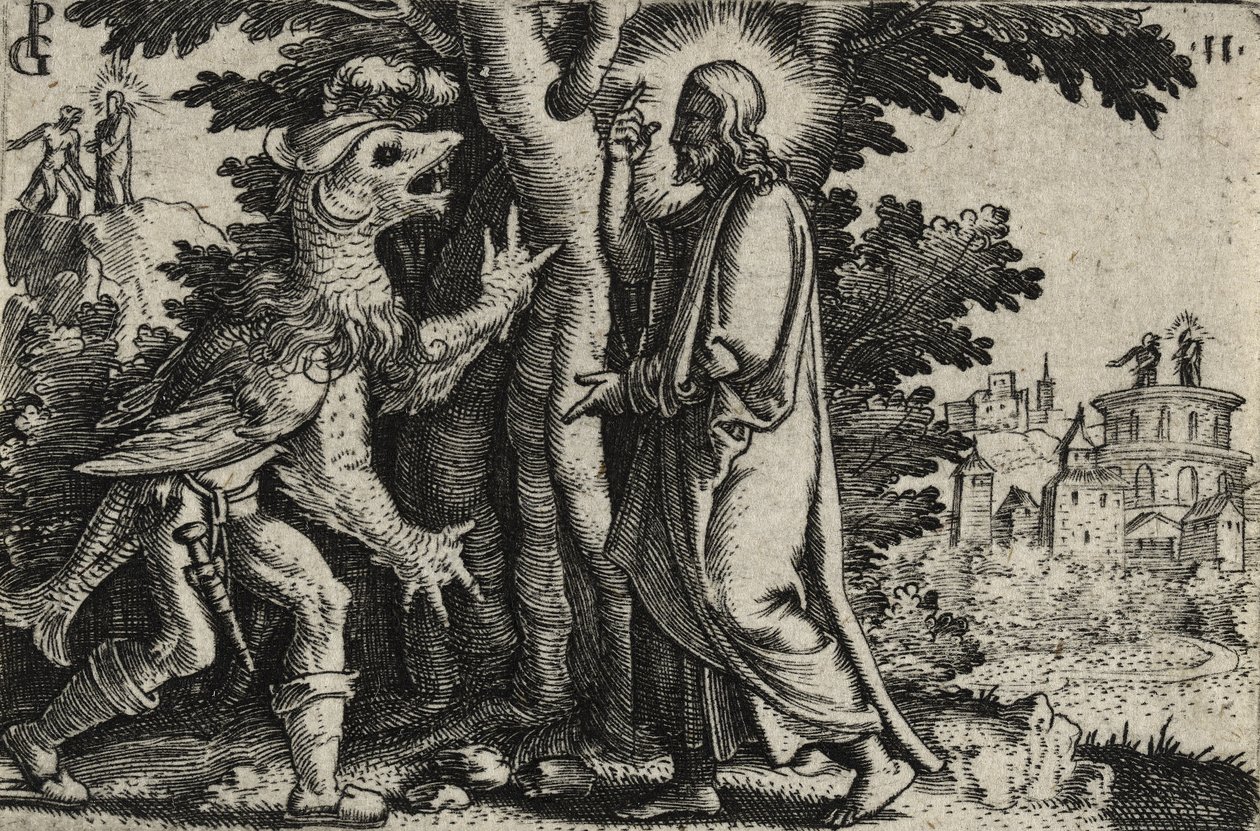 Chrystus kuszony przez diabła na pustyni (rycina na papierze wykładanym) autorstwa Georg Pencz