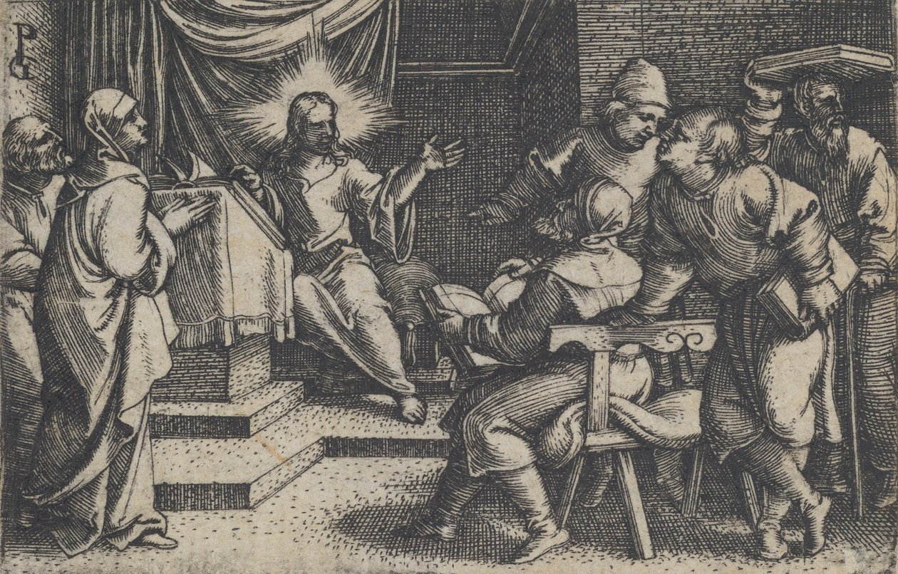 Chrystus z lekarzami w świątyni, z Historii Chrystusa, 1534-35. autorstwa Georg Pencz