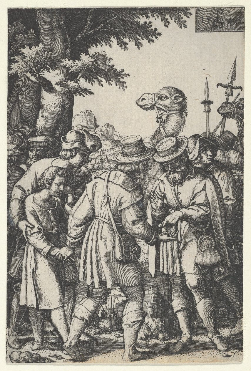 Józef sprzedany kupcom, z Historii Józefa, 1546. autorstwa Georg Pencz