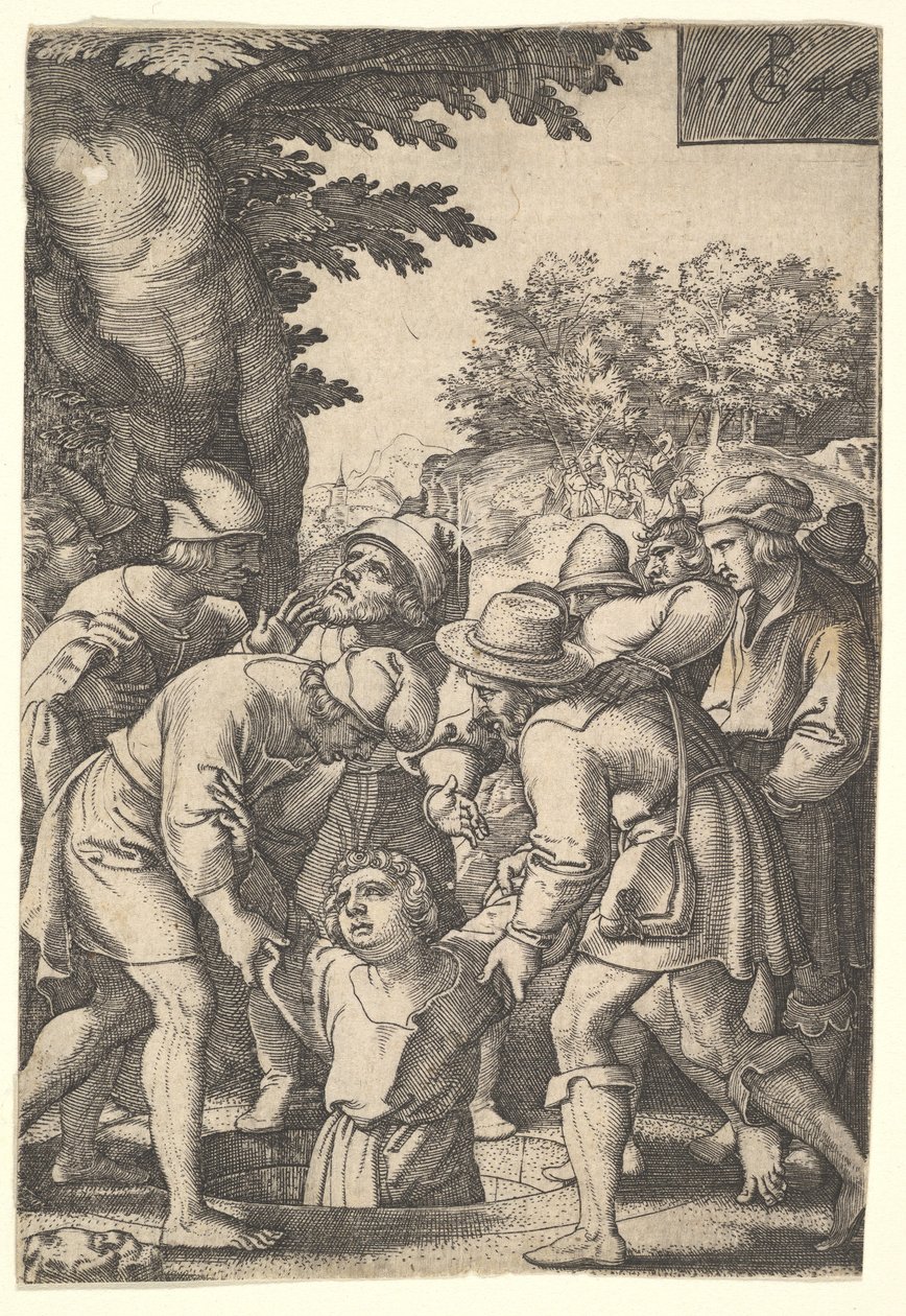 Józef spuszczony do studni przez swoich braci, z serii Historia Józefa, 1546. autorstwa Georg Pencz