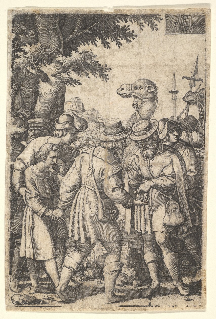 Józef sprzedany kupcom: brodaty mężczyzna trzymający Józefa lewą ręką otrzymuje co..., 1546. autorstwa Georg Pencz