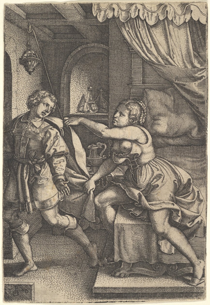 Józef oddala się od żony Potyfara, która obiema rękami ściska jego płaszcz, gdy idzie…, 1546. autorstwa Georg Pencz